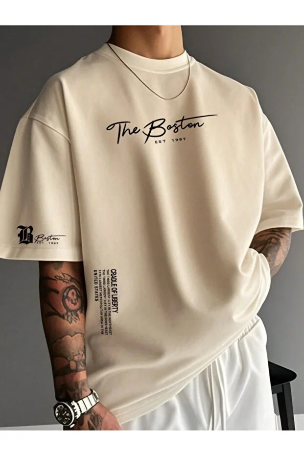 Unisex Erkek/Kadın THE BOSTON Özel Baskılı Oversize Pamuklu Bisiklet Yaka T-Shirt